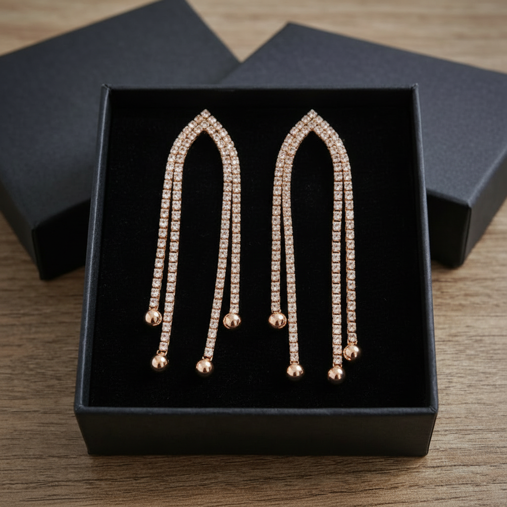 Golden Sparkle Rhinestone Tassel Dangle Drop Earrings in Gift Packing