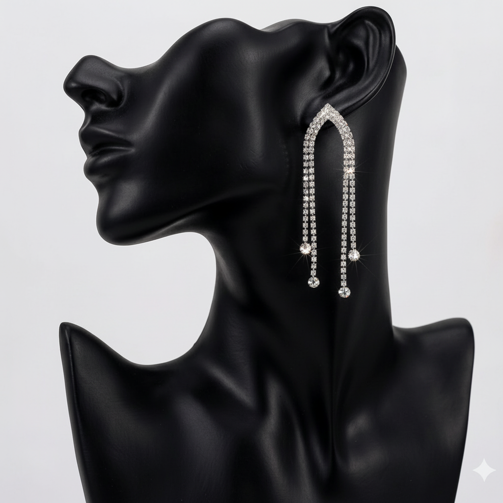 Silver Sparkle Rhinestone Tassel Dangle Drop Earrings in Gift Packing