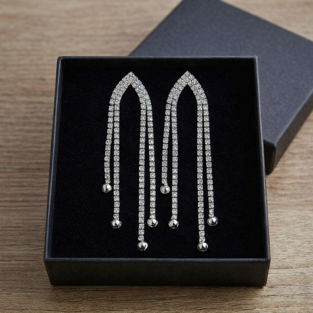 Silver Sparkle Rhinestone Tassel Dangle Drop Earrings in Gift Packing