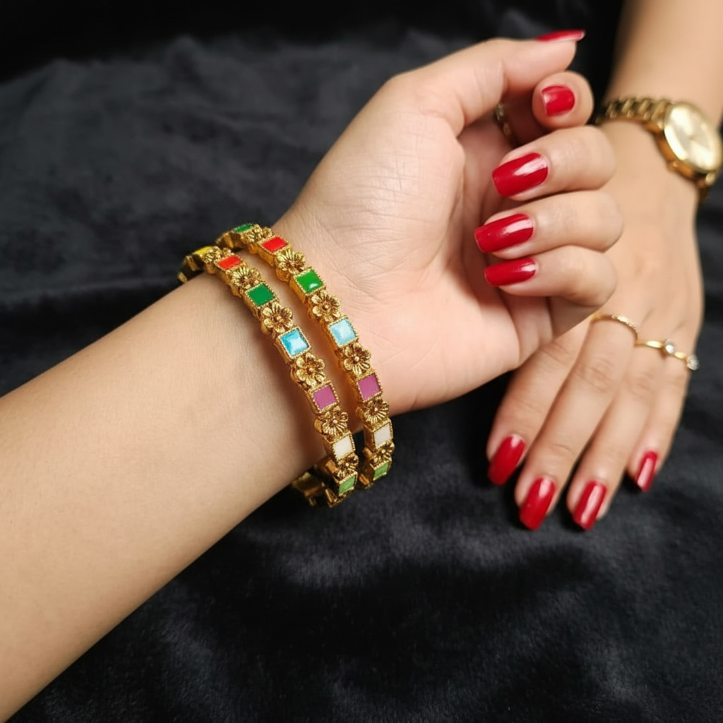 Pack of 2 Golden Bangles with Multi Colour Gemstones in Gift Packing