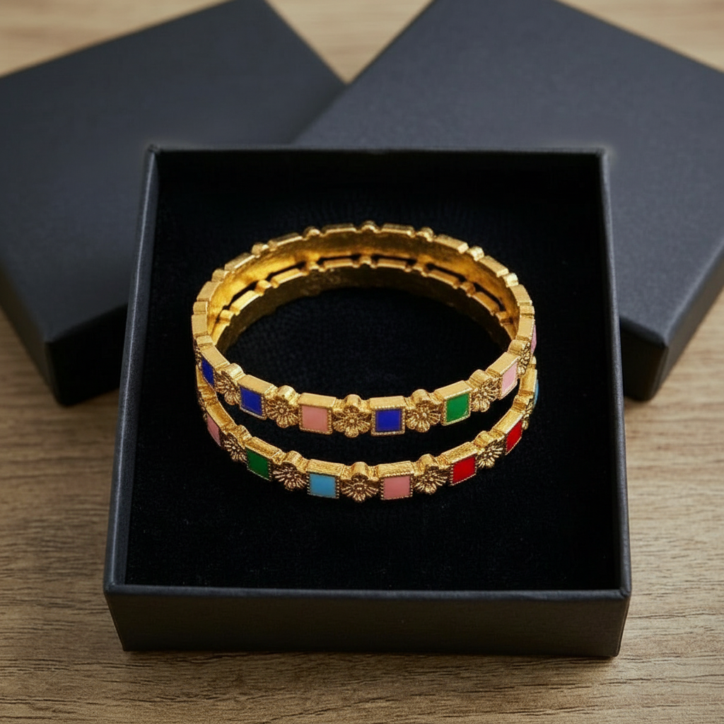 Pack of 2 Golden Bangles with Multi Colour Gemstones in Gift Packing