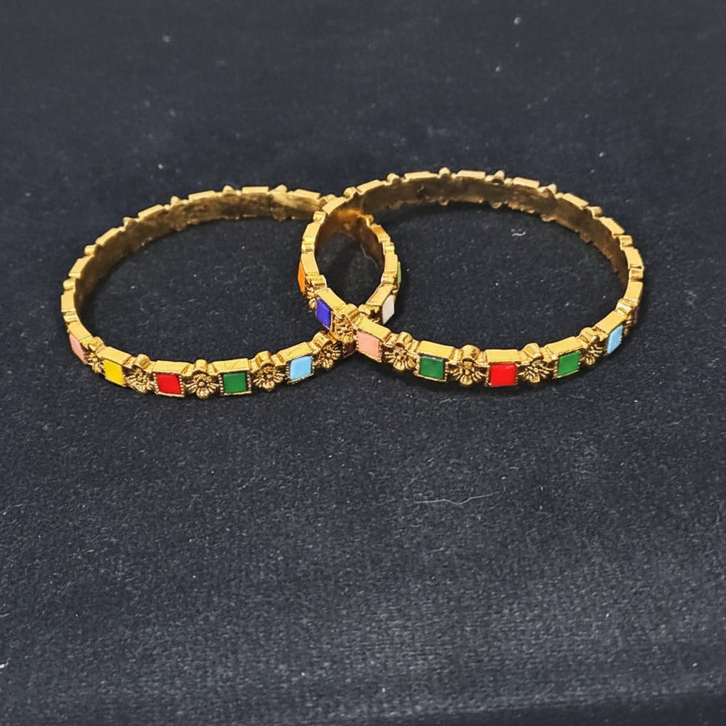 Pack of 2 Golden Bangles with Multi Colour Gemstones in Gift Packing
