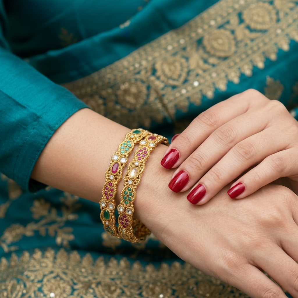 Pack of 2 Golden Bangles with Multi Colour Gemstones in Gift Packing