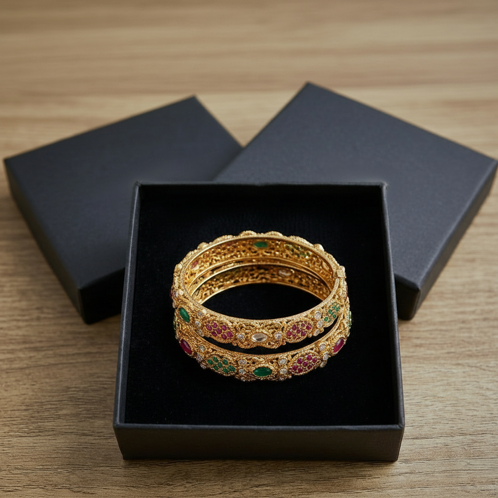 Pack of 2 Golden Bangles with Multi Colour Gemstones in Gift Packing