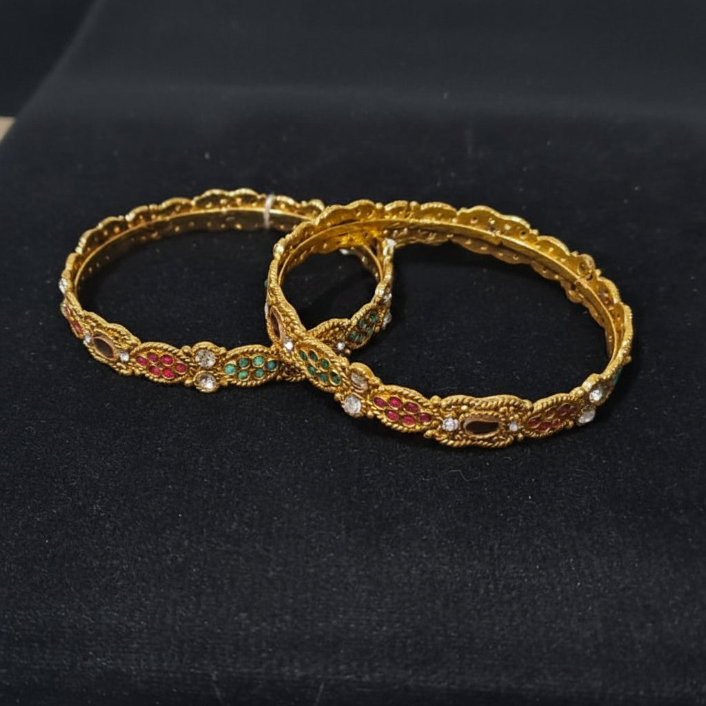 Pack of 2 Golden Bangles with Multi Colour Gemstones in Gift Packing