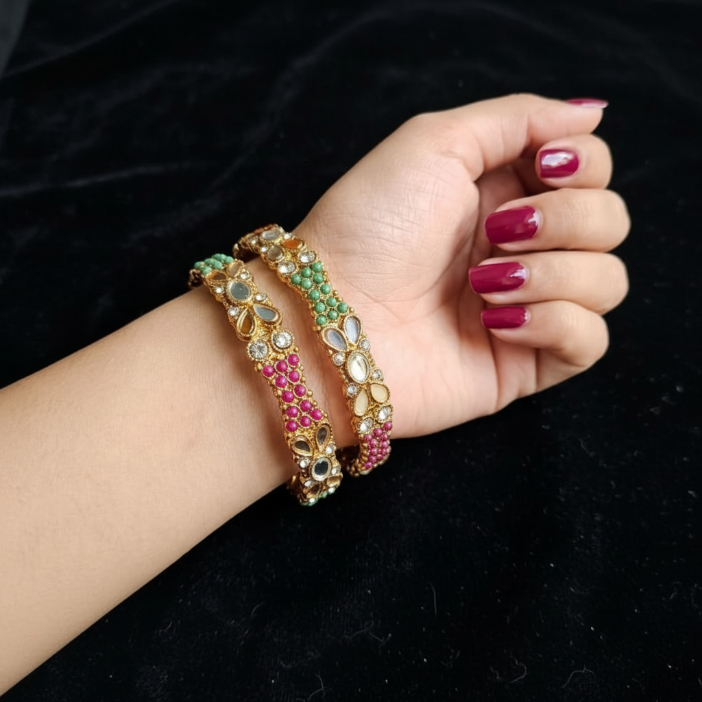 Pack of 2 Golden Bangles with Multi Colour Gemstones in Gift Packing
