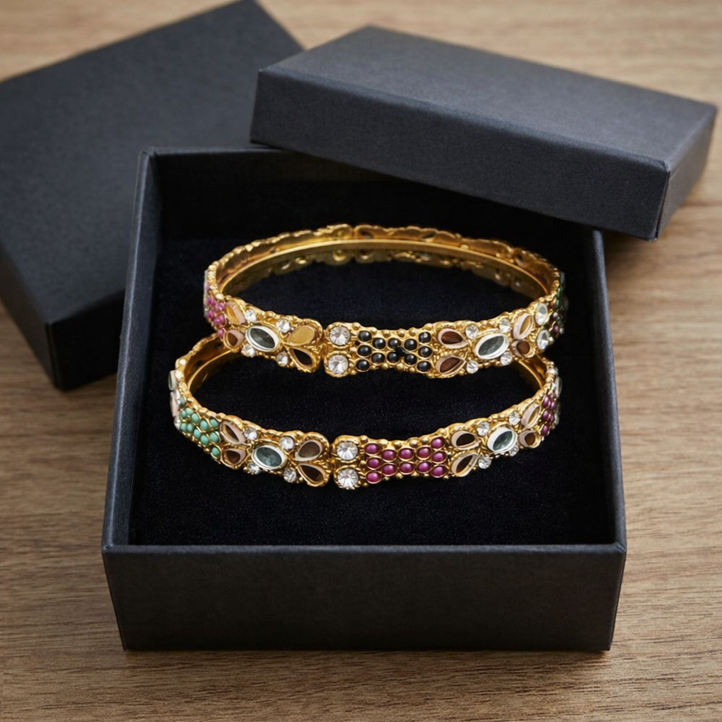 Pack of 2 Golden Bangles with Multi Colour Gemstones in Gift Packing