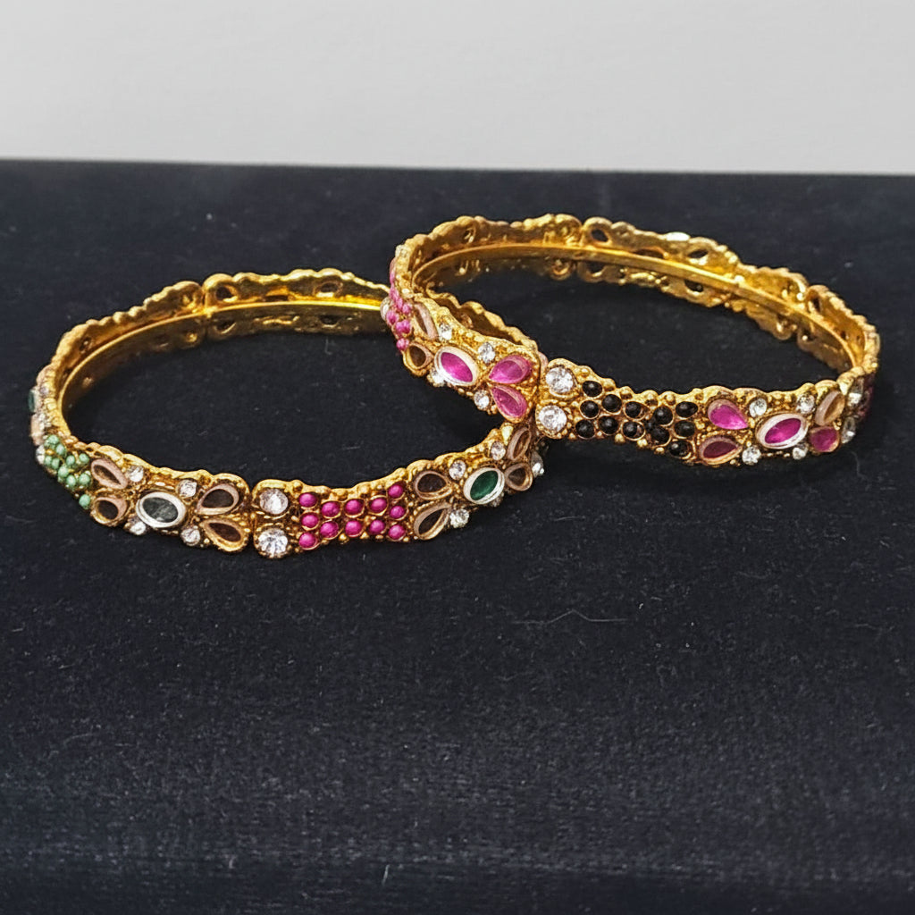 Pack of 2 Golden Bangles with Multi Colour Gemstones in Gift Packing