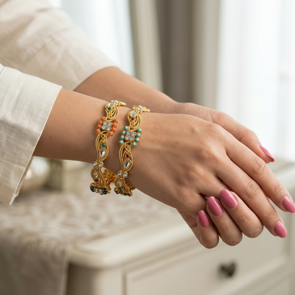 Pack of 2 Golden Bangles with Multi Colour Gemstones in Gift Packing