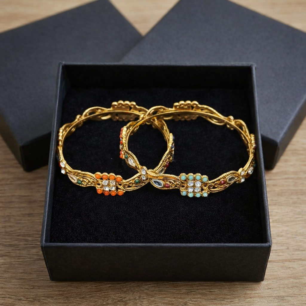 Pack of 2 Golden Bangles with Multi Colour Gemstones in Gift Packing