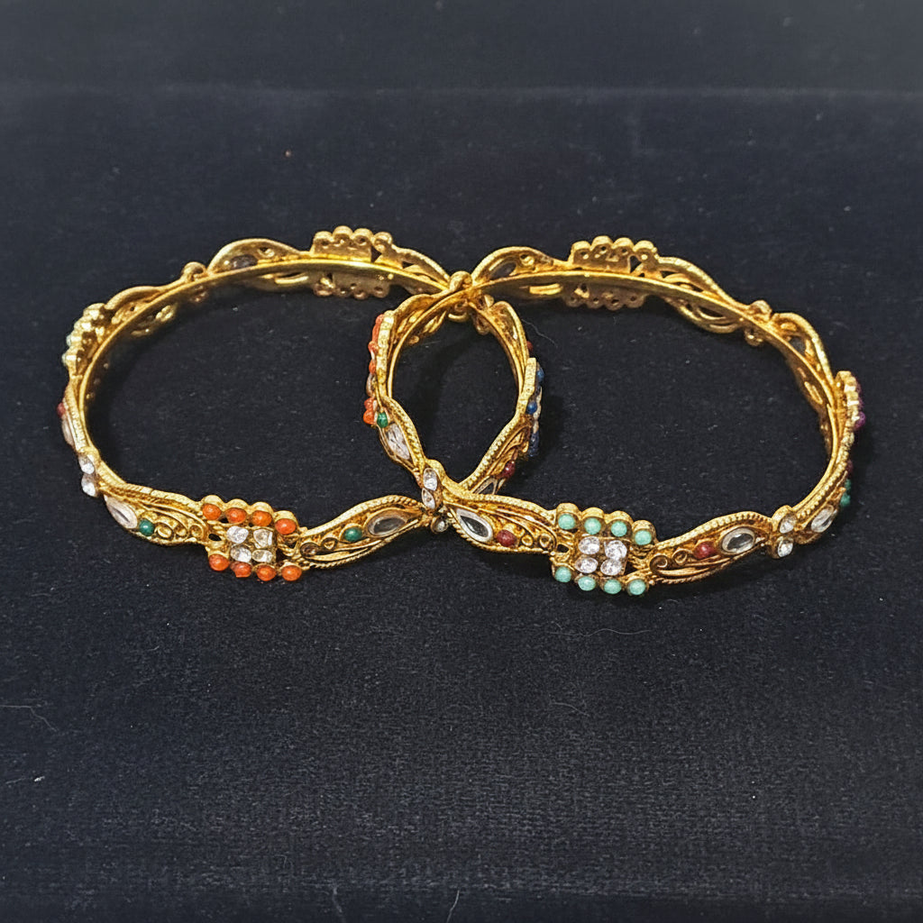 Pack of 2 Golden Bangles with Multi Colour Gemstones in Gift Packing
