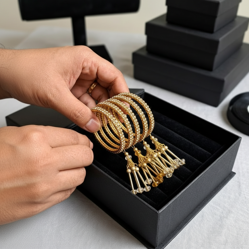 Pack of 5 Traditional Golden Bangles (4 with and 1 without Tassels) in Gift Packing
