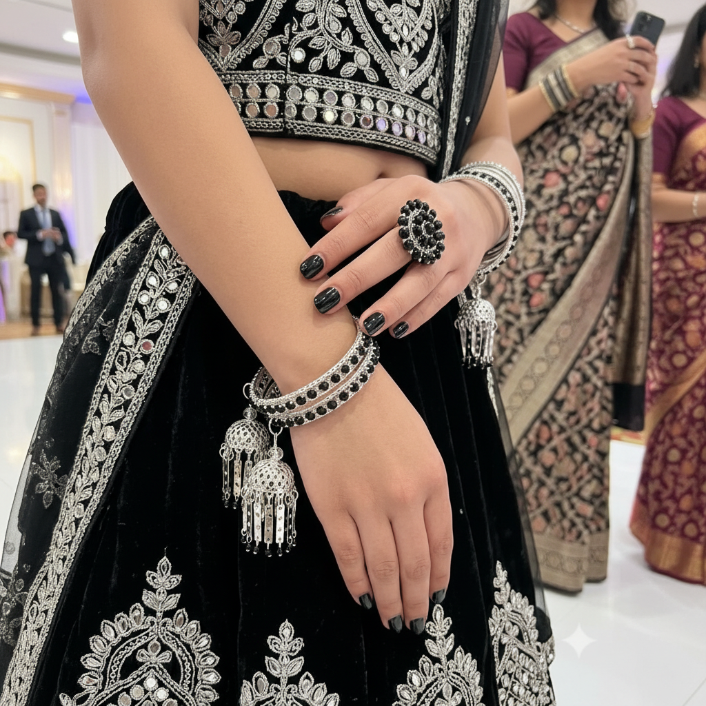 Pack of 2 Silver Bangles with Black Beads (Kangan) in Gift Packing