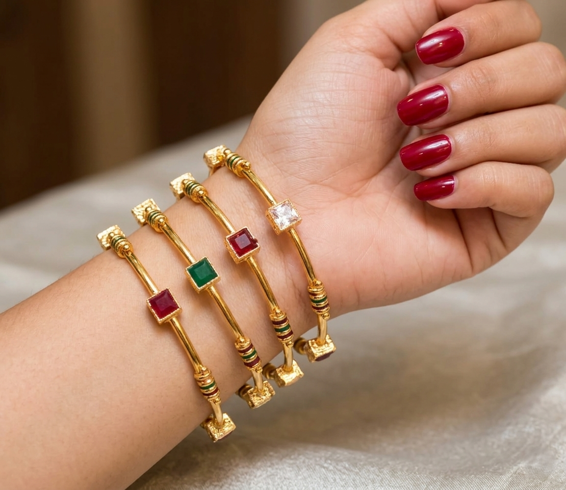 Pack of 4 Golden Metallic Bangles with Multi Colour Gemstones in Gift Packing