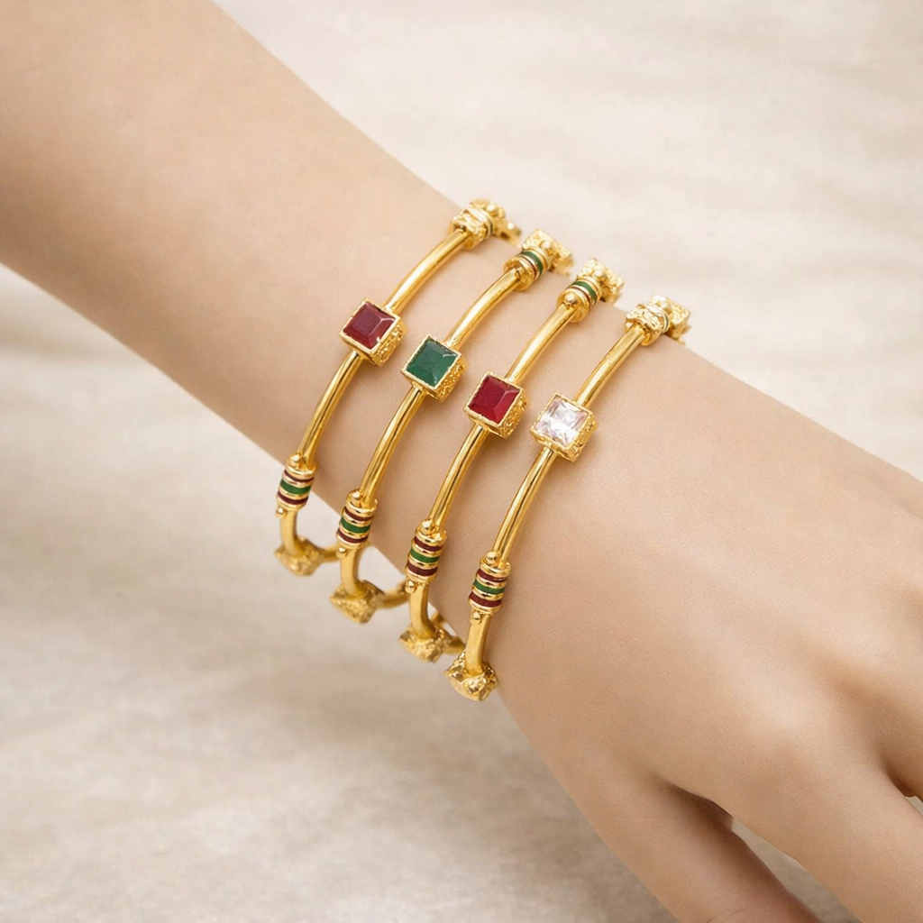 Pack of 4 Golden Metallic Bangles with Multi Colour Gemstones in Gift Packing