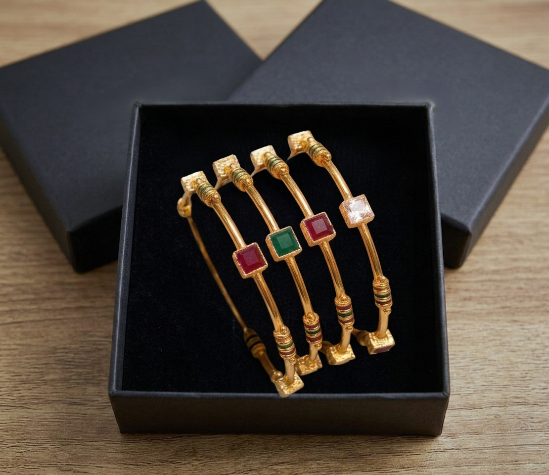 Pack of 4 Golden Metallic Bangles with Multi Colour Gemstones in Gift Packing