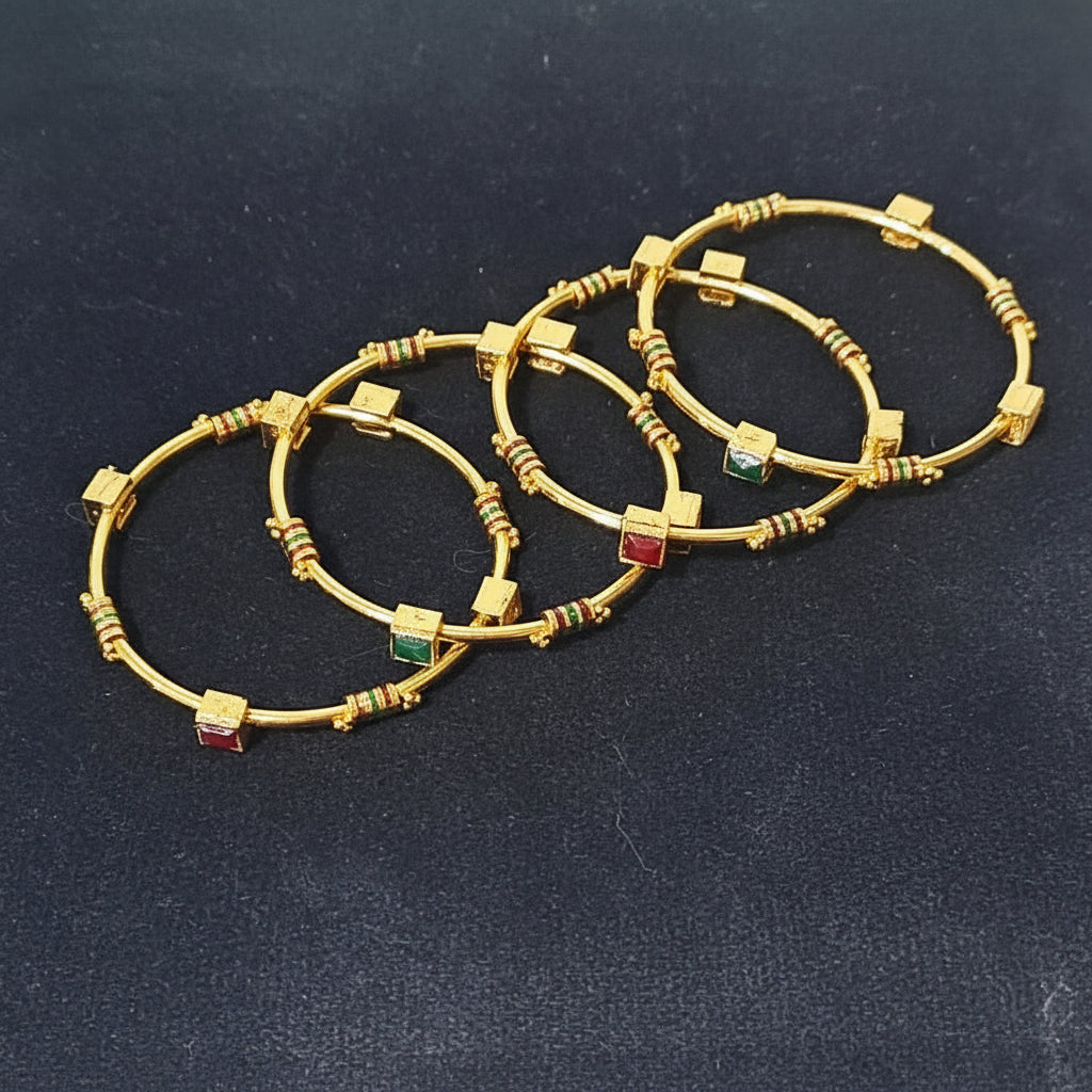 Pack of 4 Golden Metallic Bangles with Multi Colour Gemstones in Gift Packing
