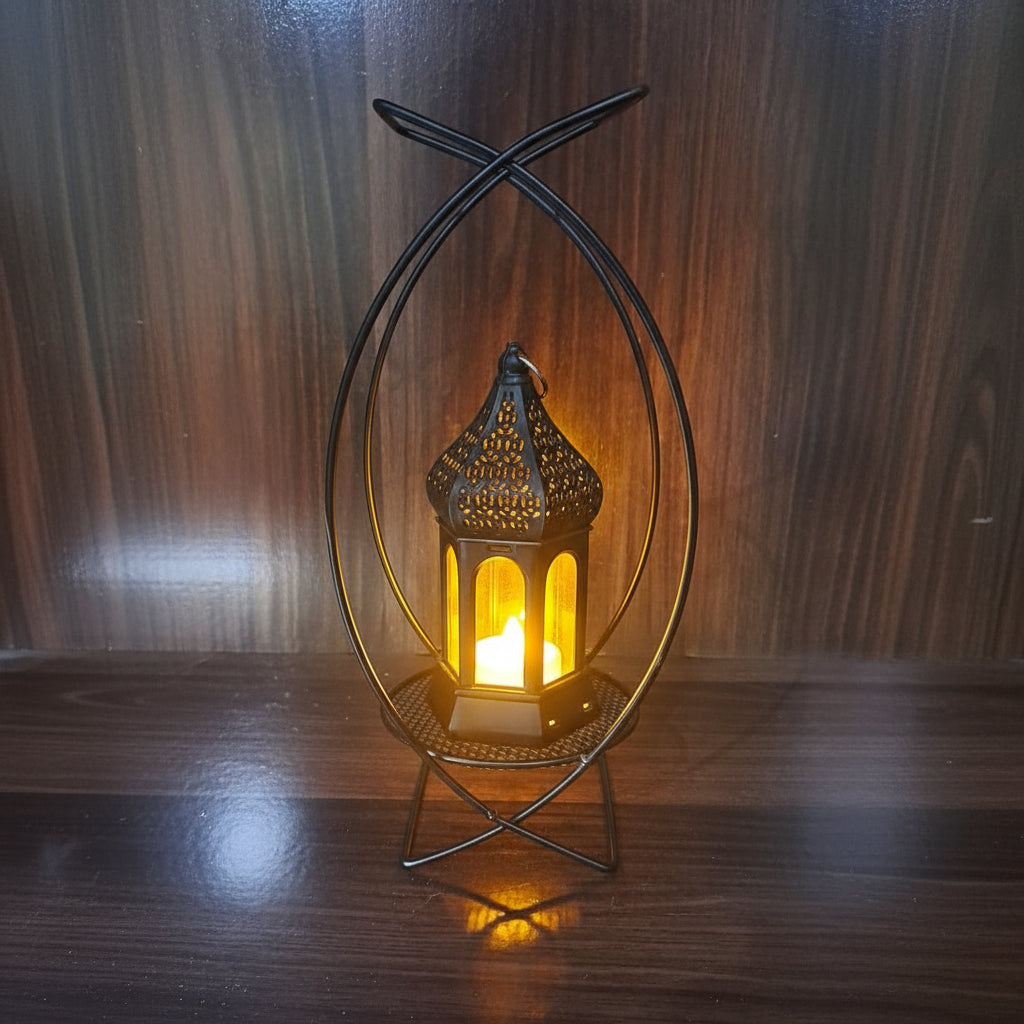 Black Metallic Candle holder with LED Candle inside Black Plastic Lantern