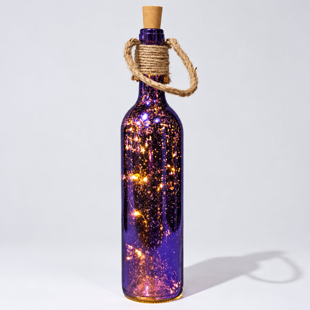 Purple Glass Bottle with Cork at opening and LED Stary String Lights inside