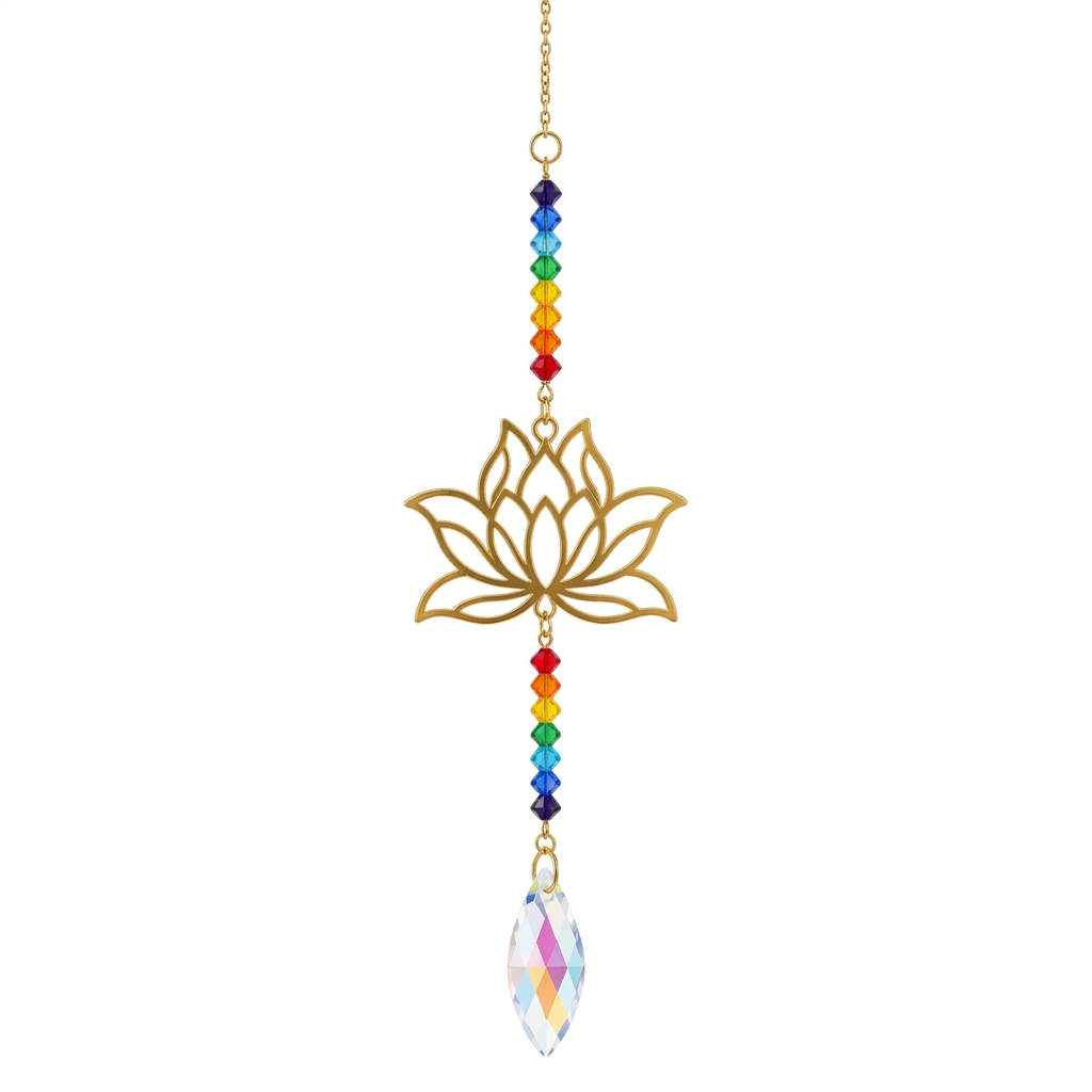 Golden Metallic Hanging Ornament with a Lotus Flower, Multi Colour Beads and Suncatcher Crystal Charm