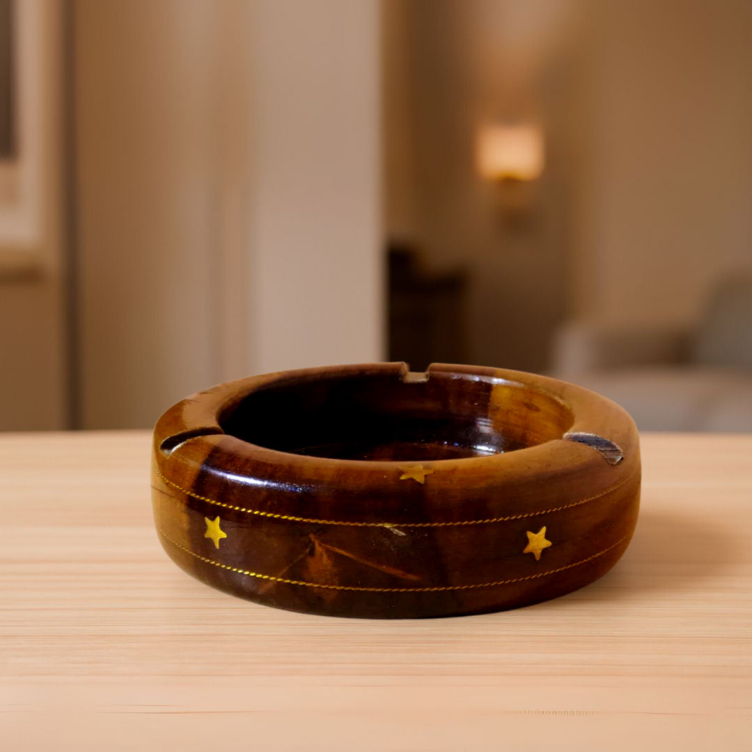Round Wooden Ashtray with Metallic Disc at Center