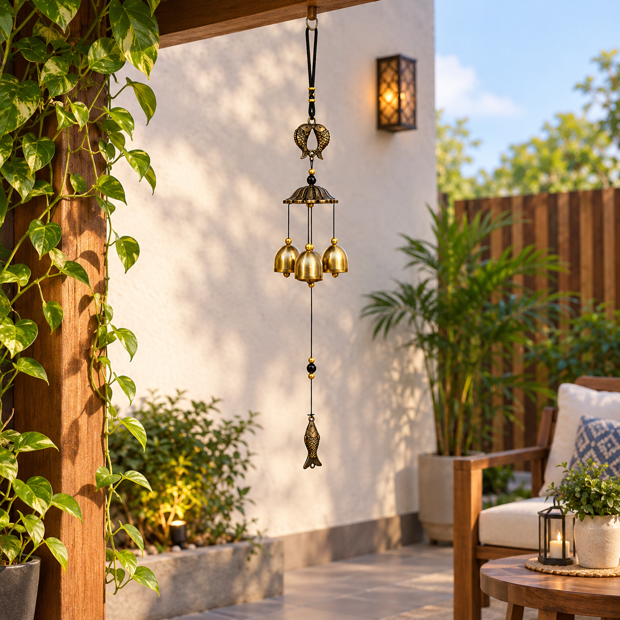 Metallic Feng Shui Wind Chime with dual fishes, a Pagoda-Style top cap, three Crisp Bells, and a fish Charm at the bottom.