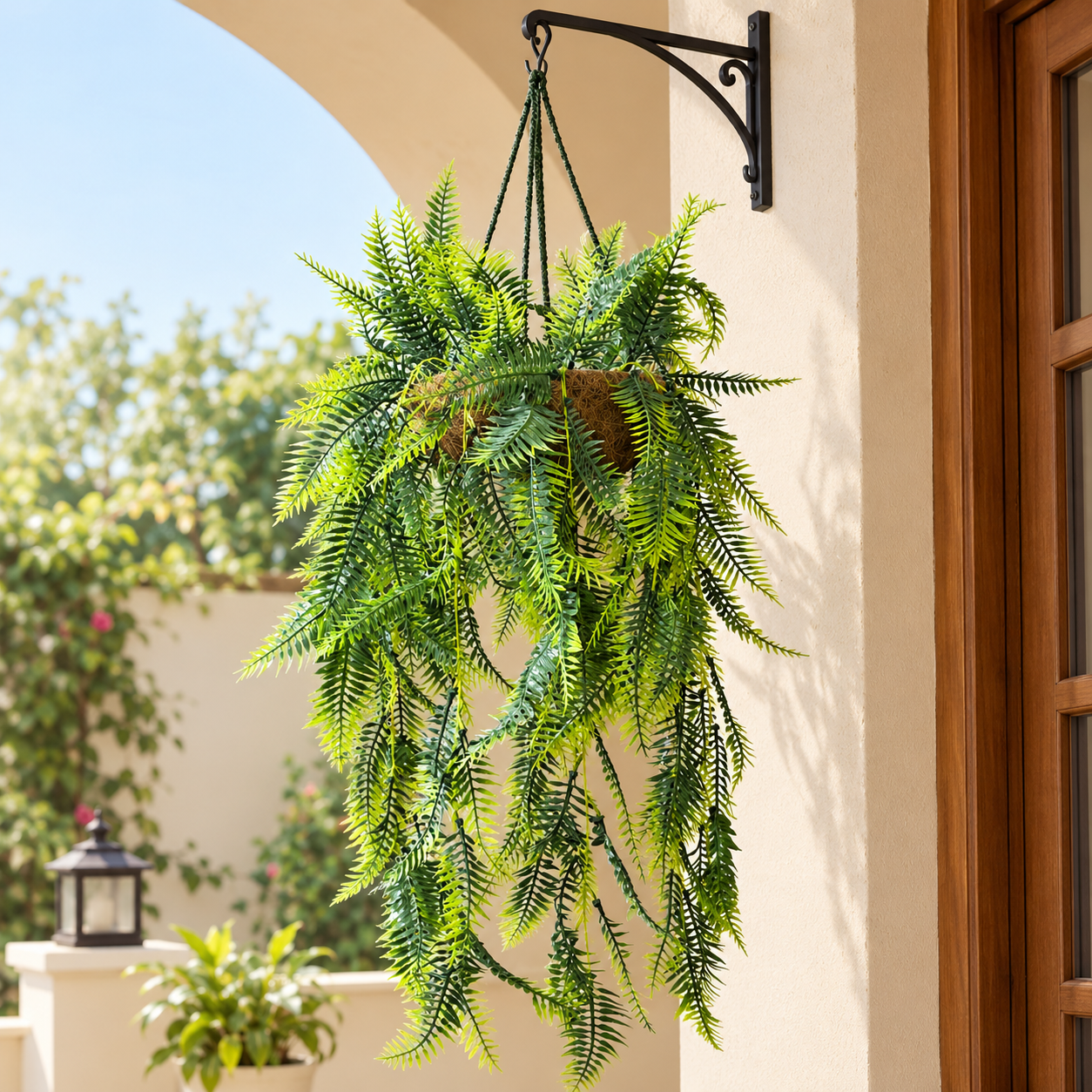 Artificial Boston Fern hanging plant in a Coconut Fibers covered Plastic Basket