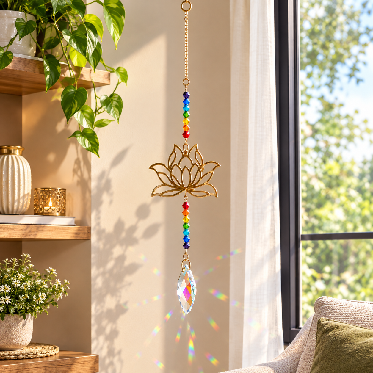 Golden Metallic Hanging Ornament with a Lotus Flower, Multi Colour Beads and Suncatcher Crystal Charm