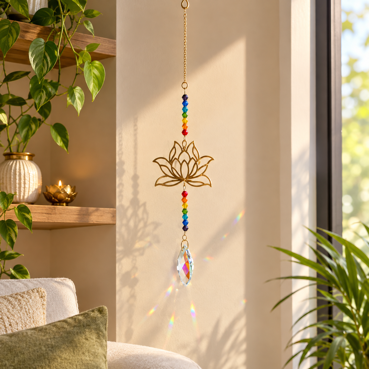 Golden Metallic Hanging Ornament with a Lotus Flower, Multi Colour Beads and Suncatcher Crystal Charm