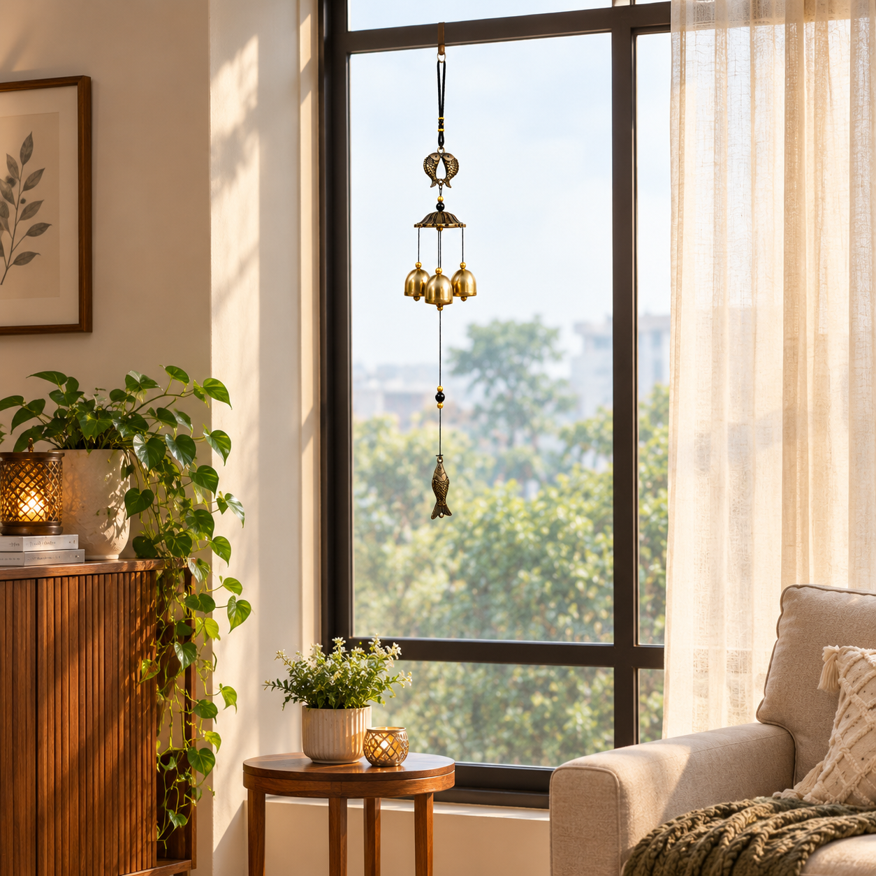 Metallic Feng Shui Wind Chime with dual fishes, a Pagoda-Style top cap, three Crisp Bells, and a fish Charm at the bottom.