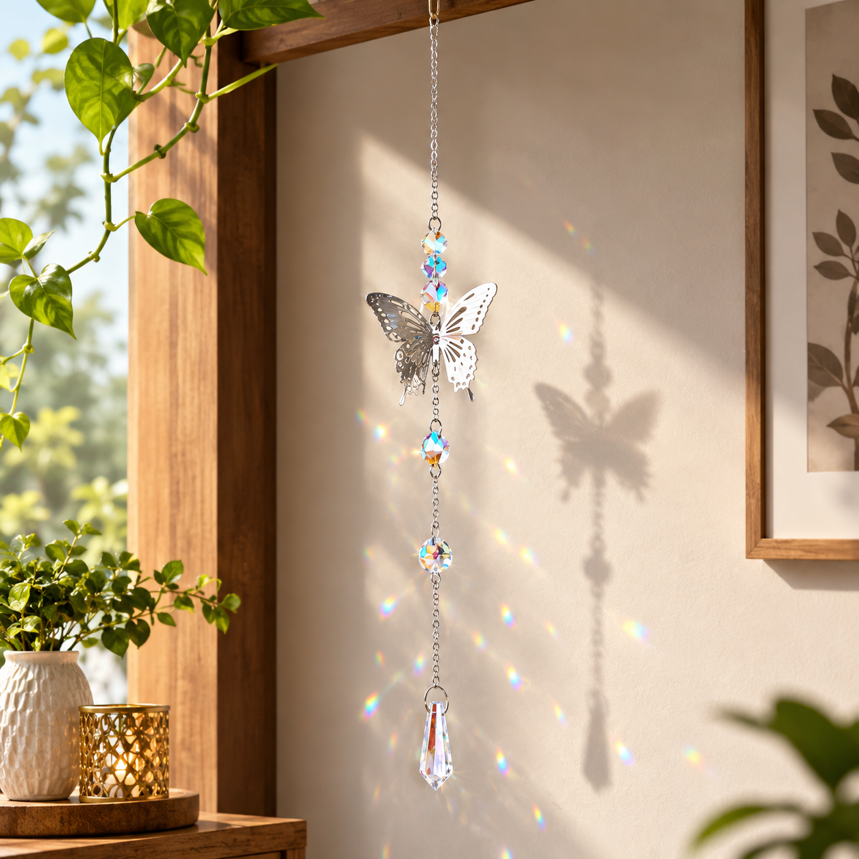 Silver Metallic Hanging Ornament with a Butterfly and Suncatcher Crystal Charms