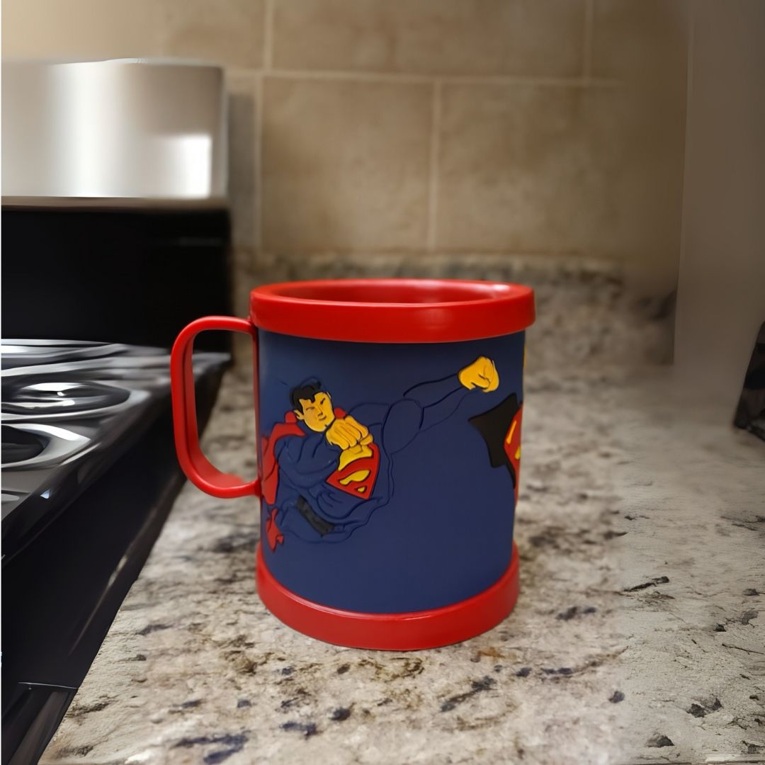 Superman Red/Blue 3D Rubber Print Embossed (Unbreakable) Plastic Mug for Milk/Juice