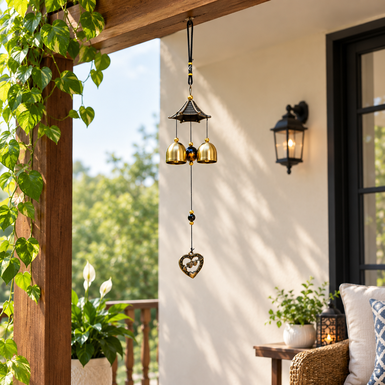 Metallic Wind Chime with a small pagoda-style top canopy, three crisp bells, and a heart-shaped charm hanging at the bottom