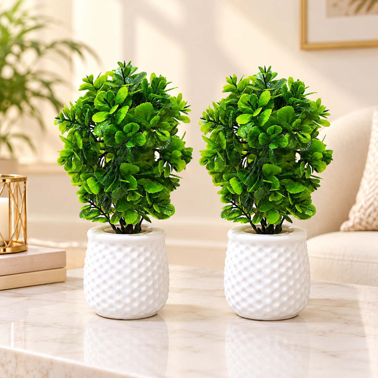 Pack of 2 White Textured Plastic Pots with artificial dark green foliage plant