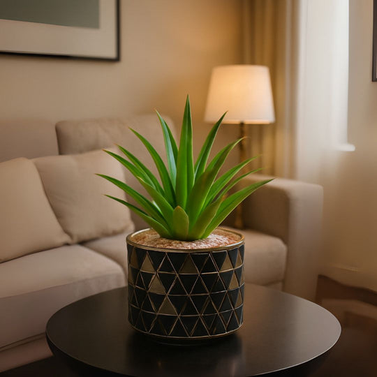 Ceramic Pot (Golden-Black) with artificial Cactus Plant