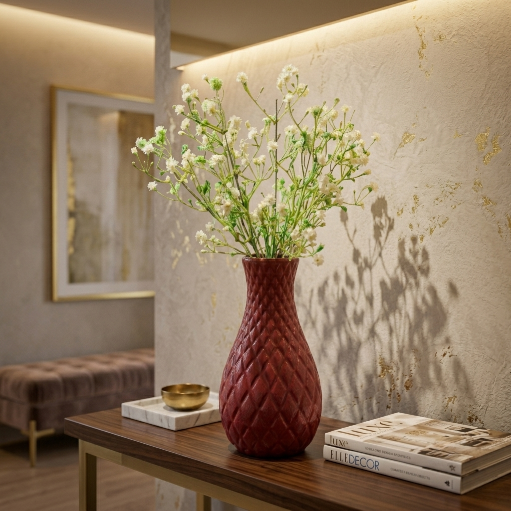 Unique Designer Plastic Vase (Maroon) with Bunch of Plastic Gypsophila Flowers