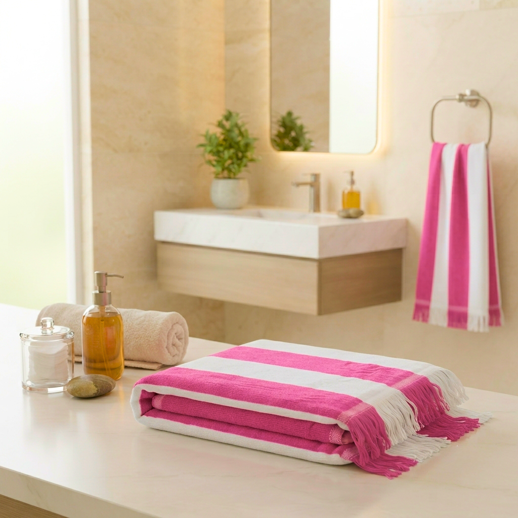 Premium Quality Yarn Dyed Bath Sheet with Fringed Edges (Pink-White Stripes)