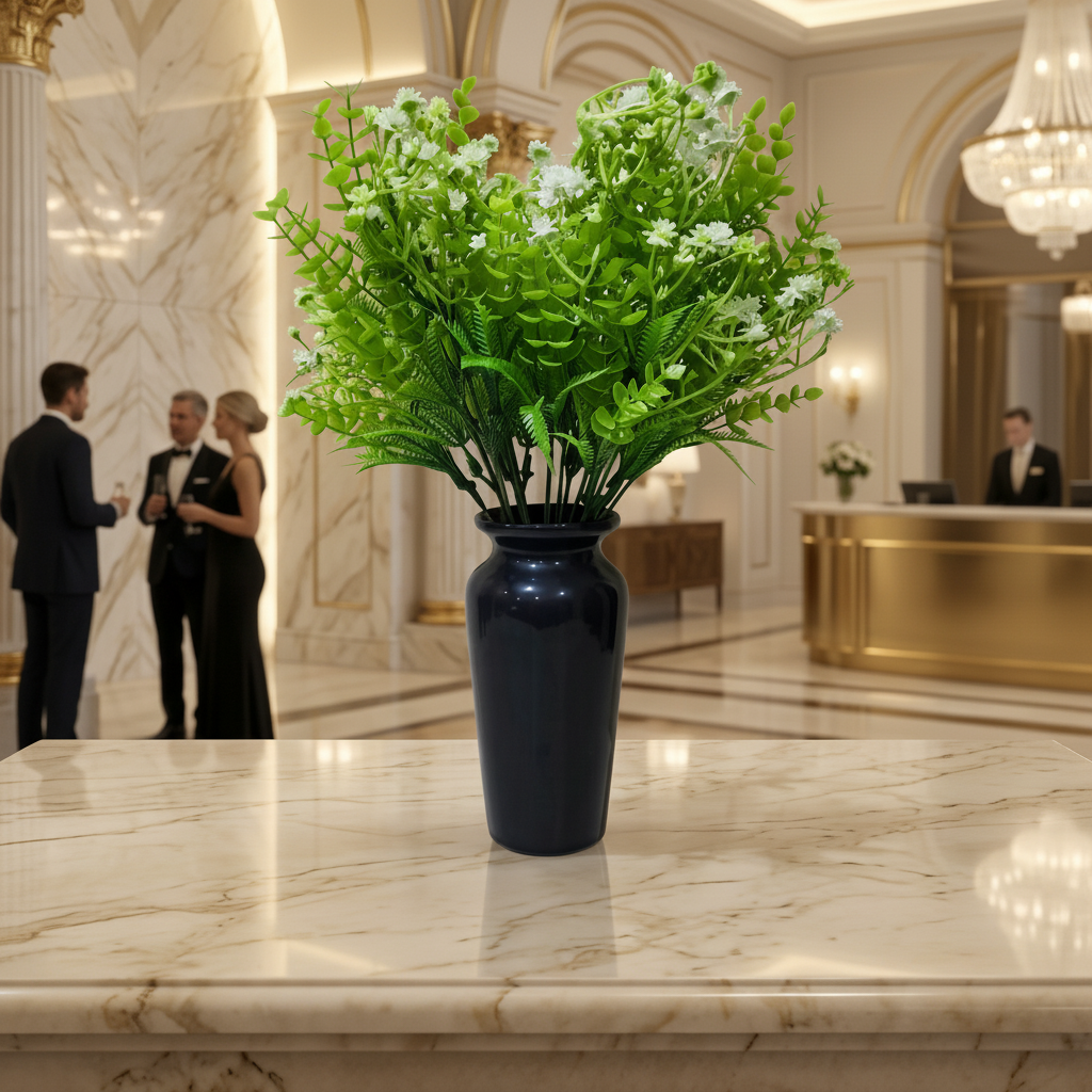 Black Classic Ceramic Vase with 2 Bunches of Plastic Gypsophila Flowers