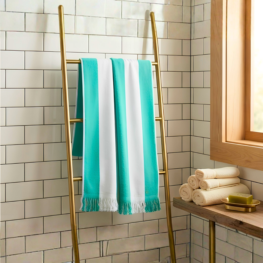 Premium Quality Yarn Dyed Bath Sheet (Green-White Stripes)