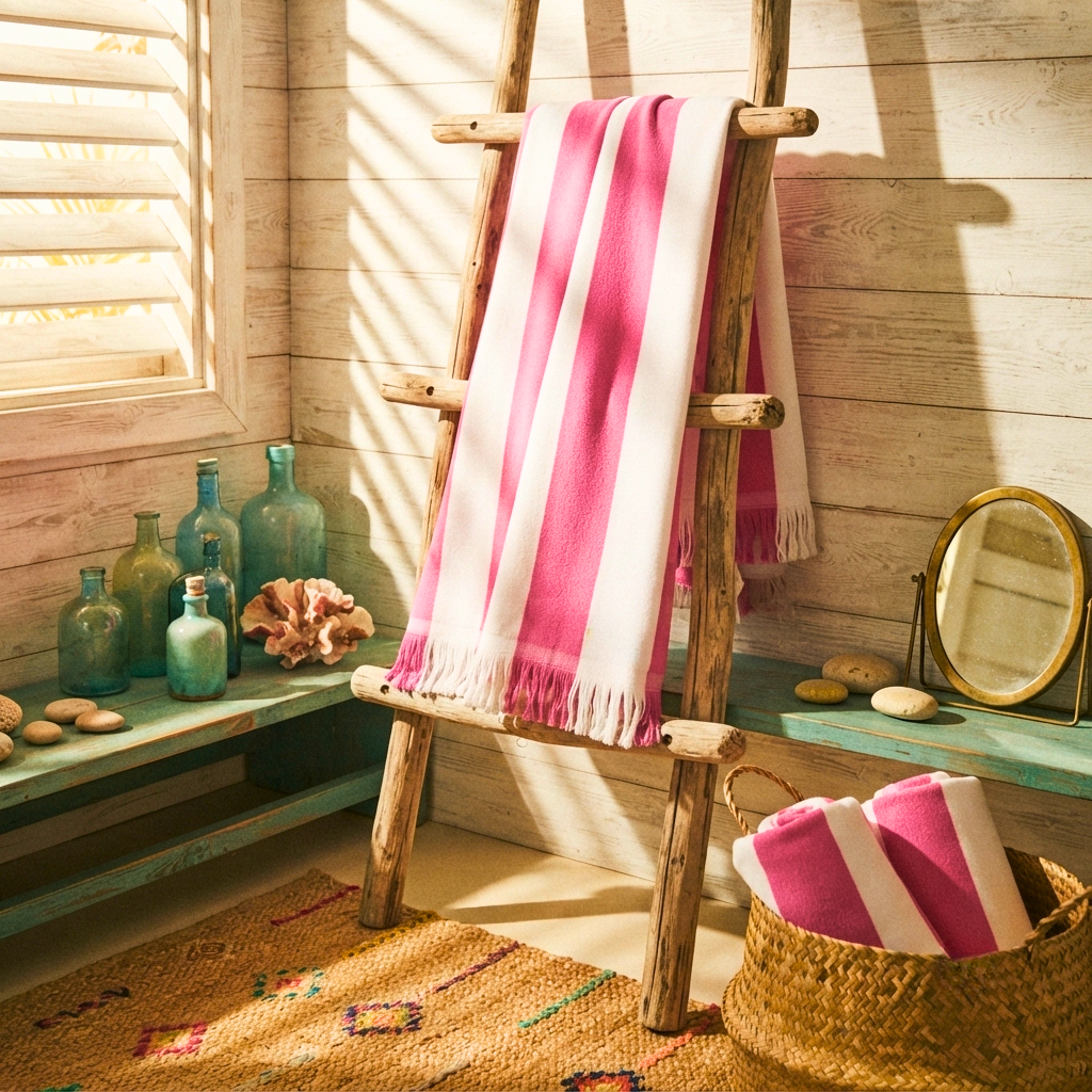 Premium Quality Yarn Dyed Bath Sheet with Fringed Edges (Pink-White Stripes)