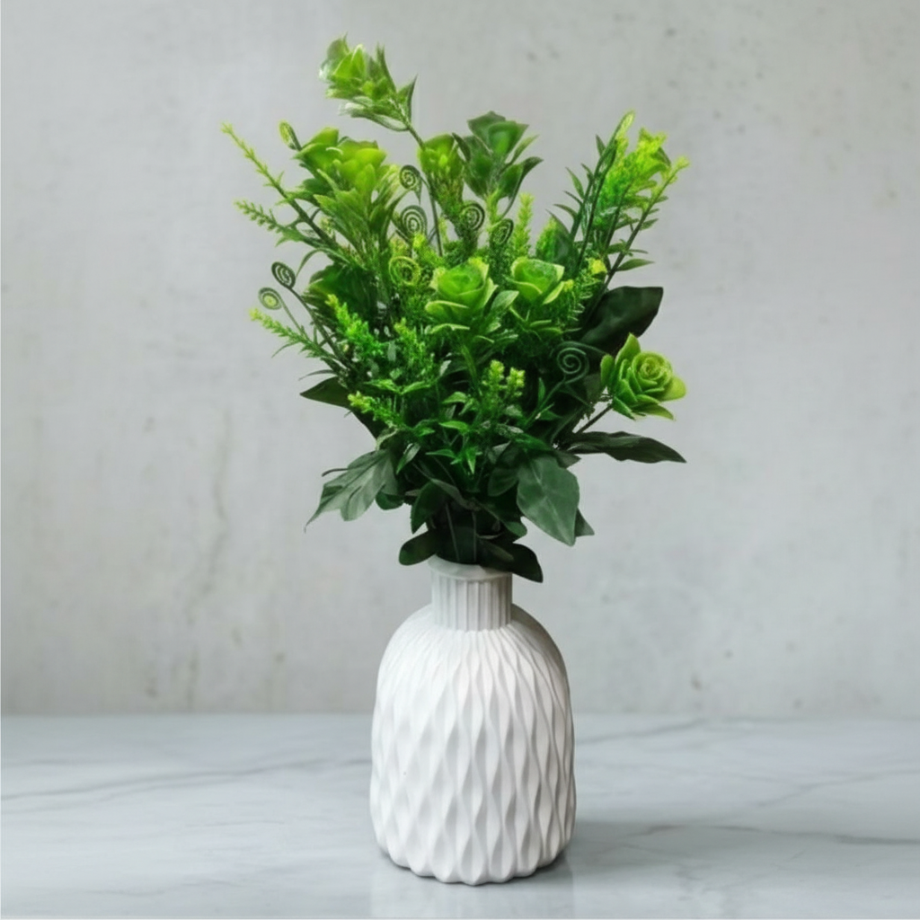 Unique Designer Plastic Vase (White) with Green Plastic Plant Leaves & Flowers