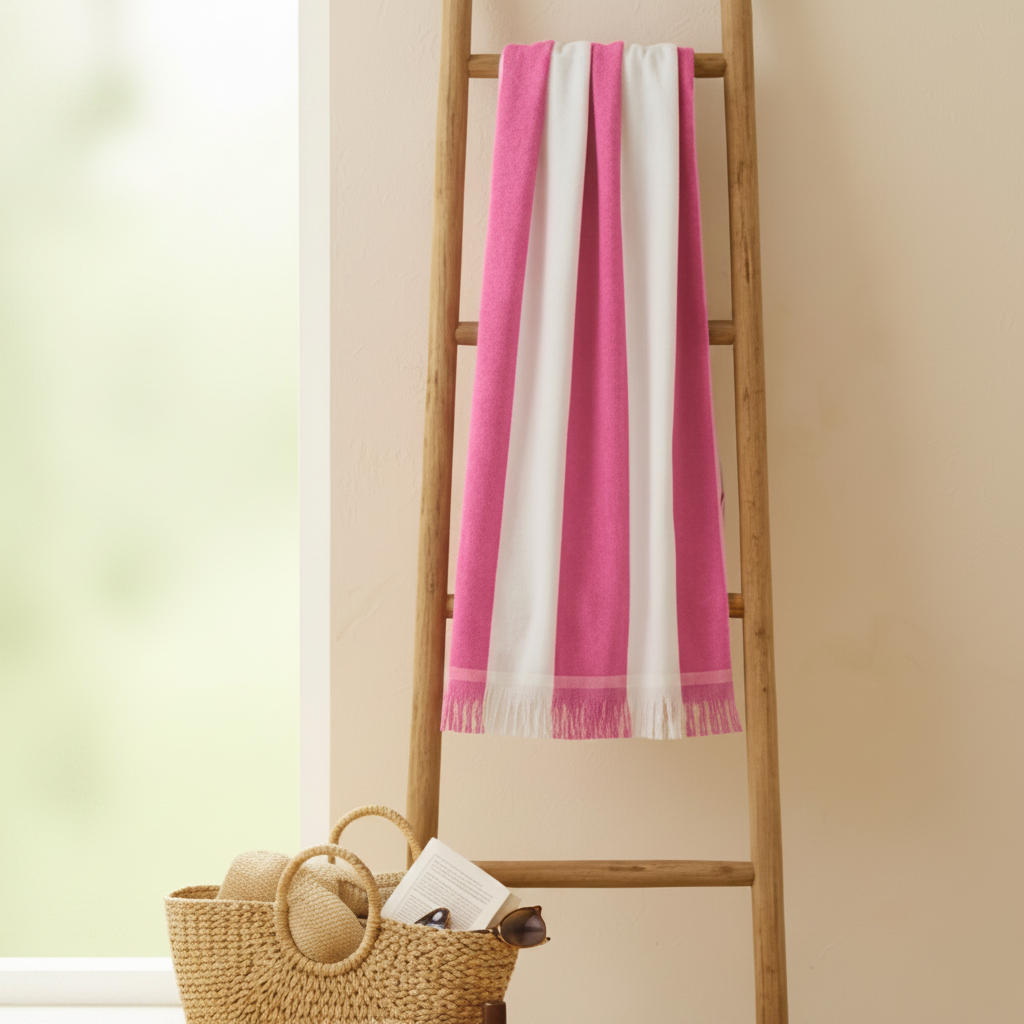 Premium Quality Yarn Dyed Bath Sheet with Fringed Edges (Pink-White Stripes)