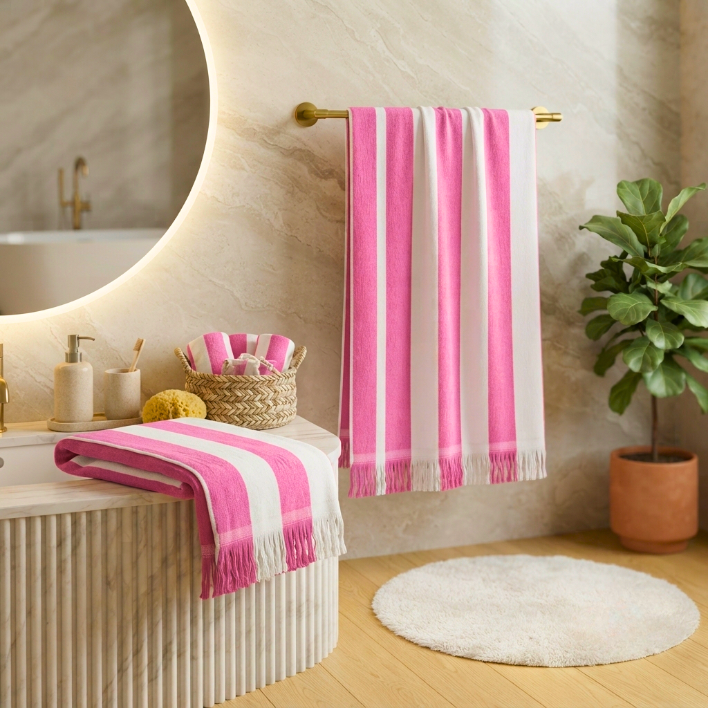 Premium Quality Yarn Dyed Bath Sheet with Fringed Edges (Pink-White Stripes)
