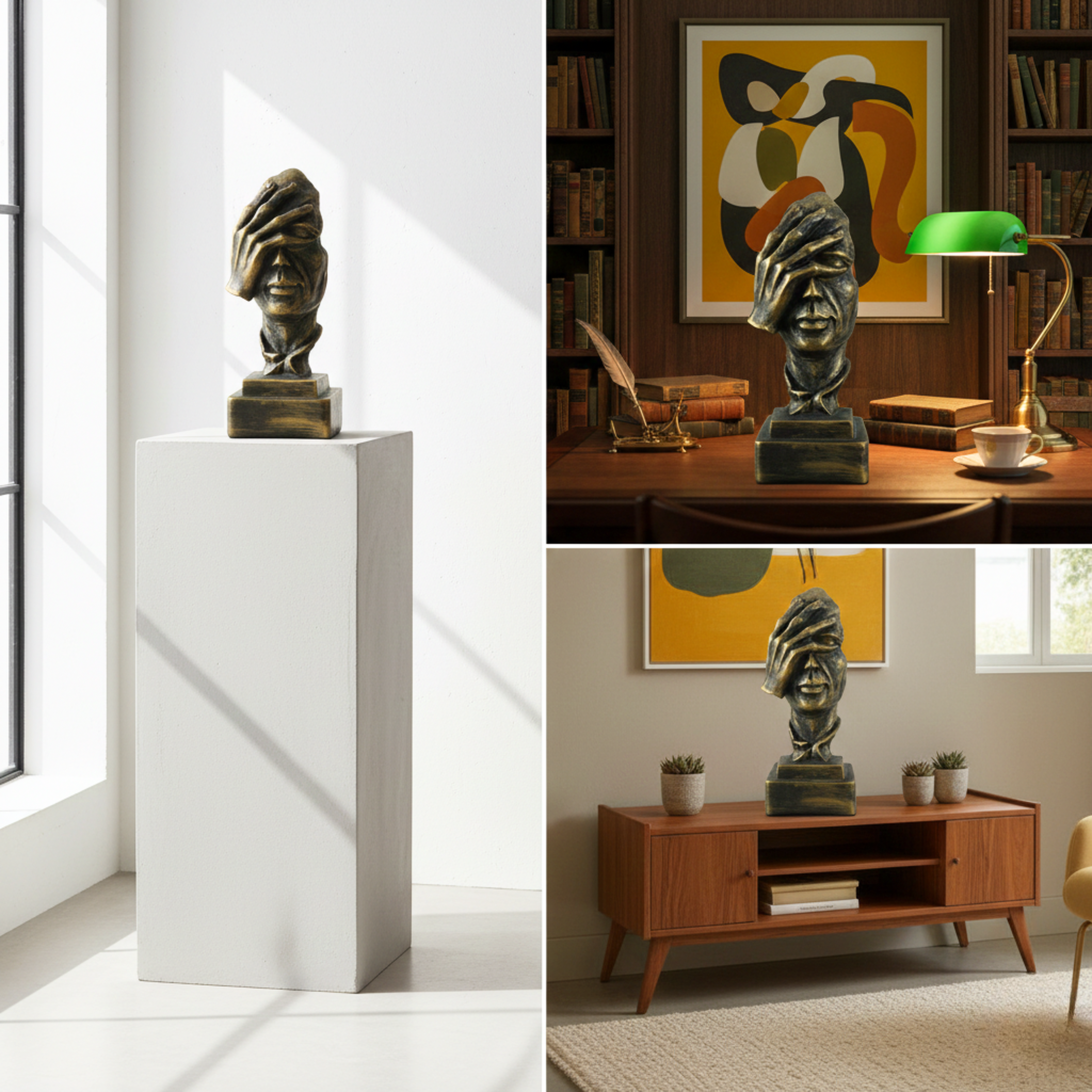 Golden-Black Vintage look Silent Face Sculpture with Hand on Eyes & Ear