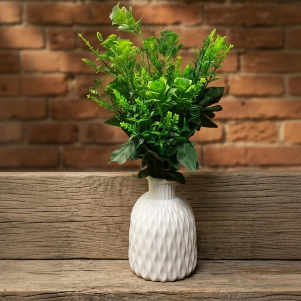 Unique Designer Plastic Vase (White) with Green Plastic Plant Leaves & Flowers