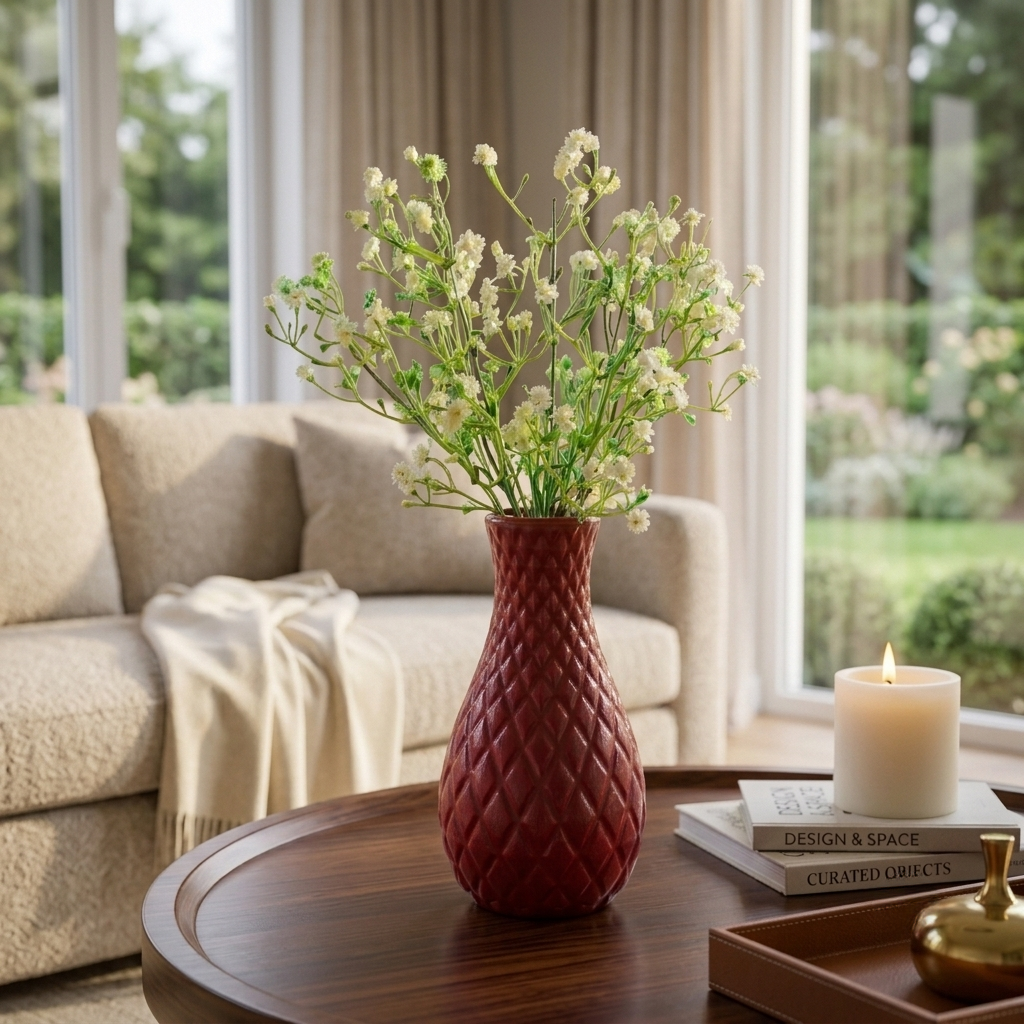 Unique Designer Plastic Vase (Maroon) with Bunch of Plastic Gypsophila Flowers