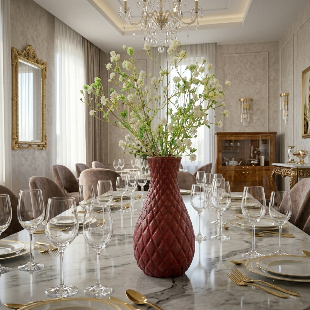 Unique Designer Plastic Vase (Maroon) with Bunch of Plastic Gypsophila Flowers