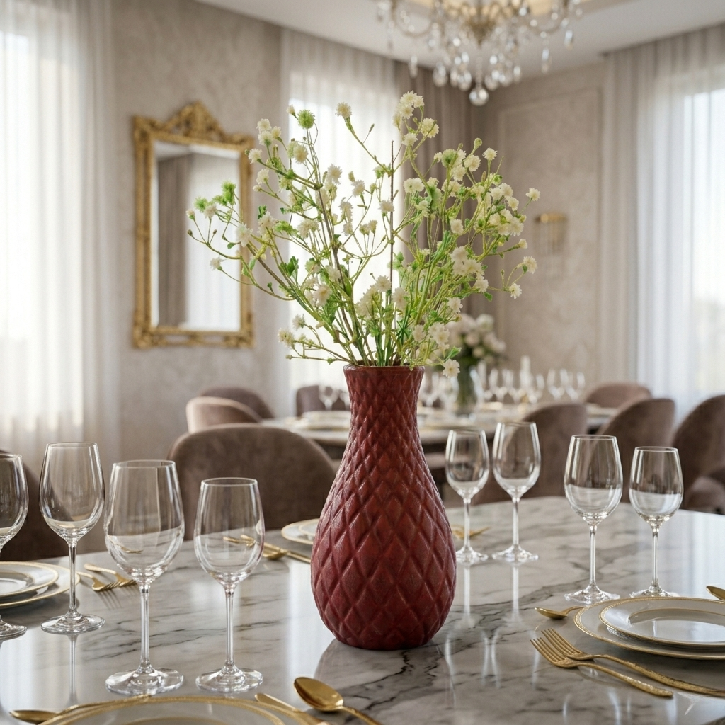 Unique Designer Plastic Vase (Maroon) with Bunch of Plastic Gypsophila Flowers