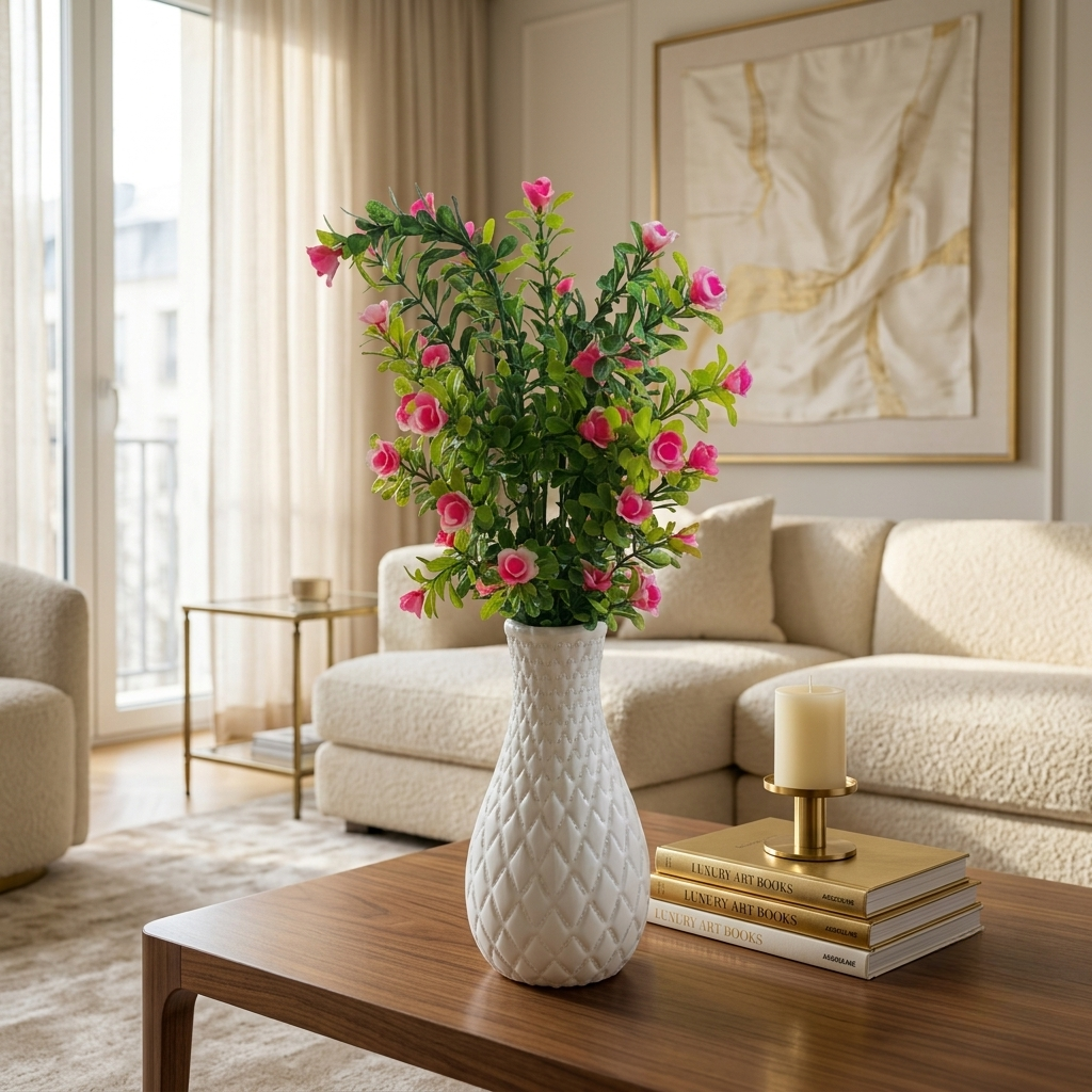 Unique Designer Plastic Vase (White) with Bunch of Plastic Plant Leaves & Pink Flowers