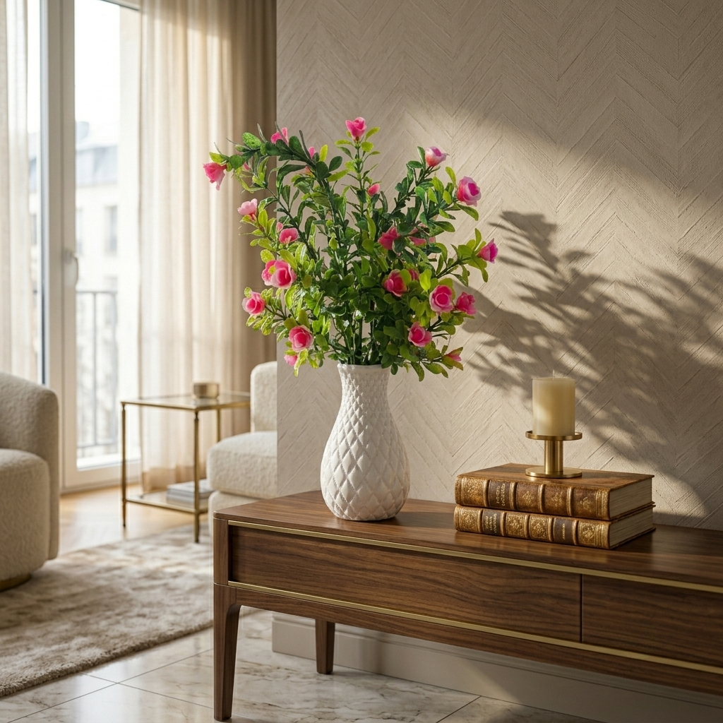 Unique Designer Plastic Vase (White) with Bunch of Plastic Plant Leaves & Pink Flowers